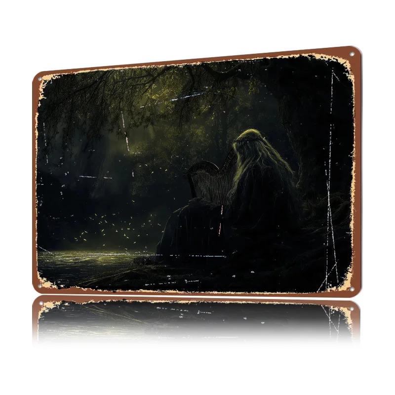 Harpist in the Forest D Texture Metal Poster Customized Wall Art Tin Sign Gift for Mancave Custom Plate Home Decoration Gaming