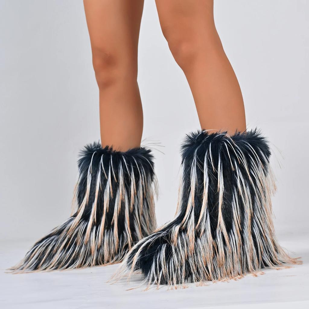 Fashion Women Ankle Boots Luxury Winter Fluffy Plush Warm Snow Boots Fashion Furry Boots Comfortable Outdoor Flat Shoes Zapatos De Mujer