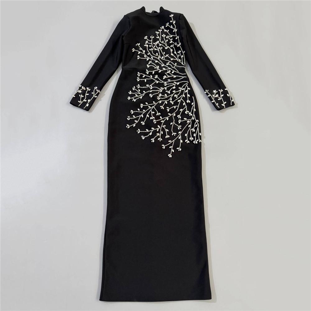 European and American Studded Bandage Long Sleeve Evening Gown - Slim Fit Socialite Party Dress