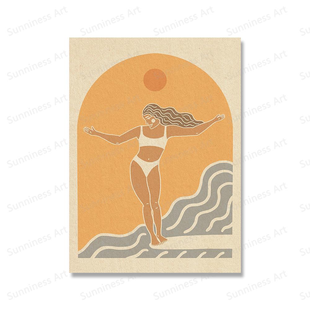 Obraz na plátně Wave Chaser Surf Girl Západ slunce Plážový dům Pobřežní rostliny Tisky Severské Surfařské chatrče Plakáty Domácí Umělecká Dekorace Obrázky