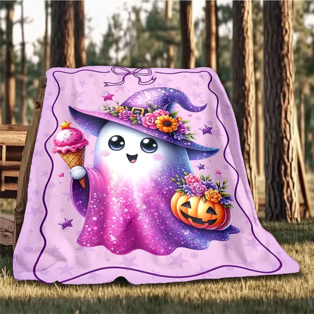 1pc Ghost Witch Hat Throw Blanket Polyester Fiber, Lightweight Flannel, Soft & Warm, All Season Use for Outdoor, Camping Digital Print