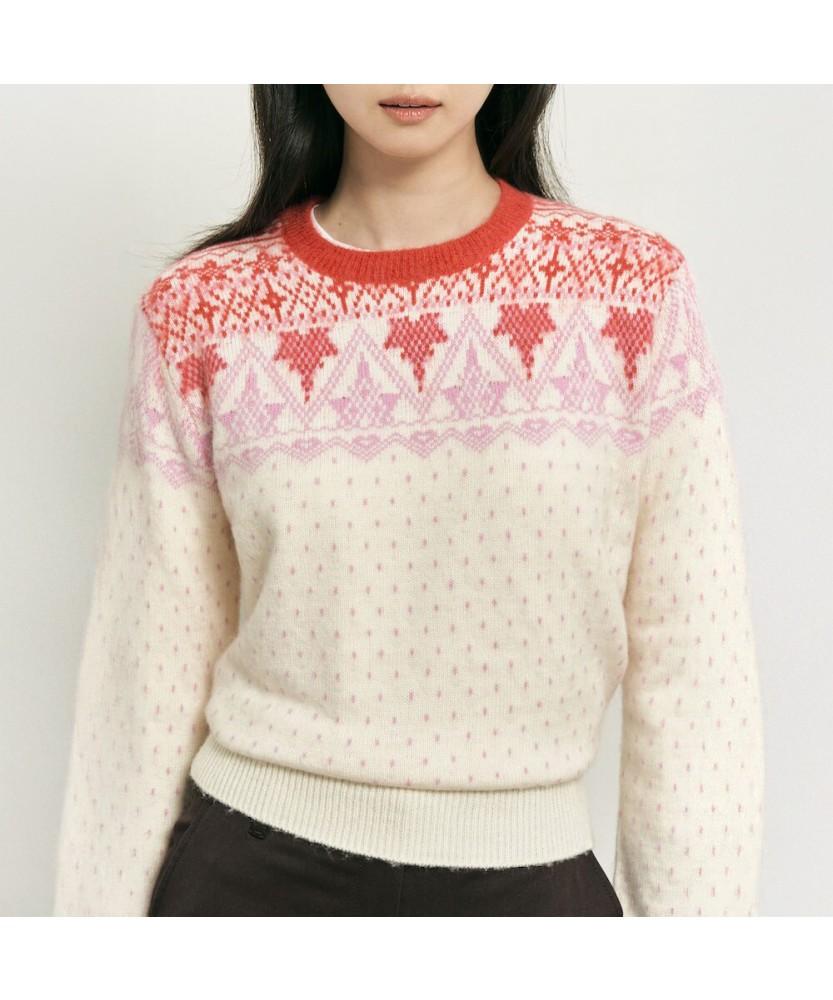 Binpolleidiseu [B. My] Fair Isle Round Neck Knit Beige (Bf5X51N02A)