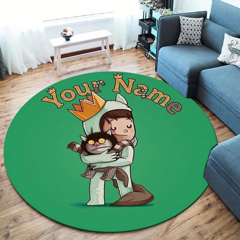 Cat Adventure Custom Name Round Area Rug Carpet Rug For Living Room Bedroom Sofa Playroom Decor Nonslip Floor Mat