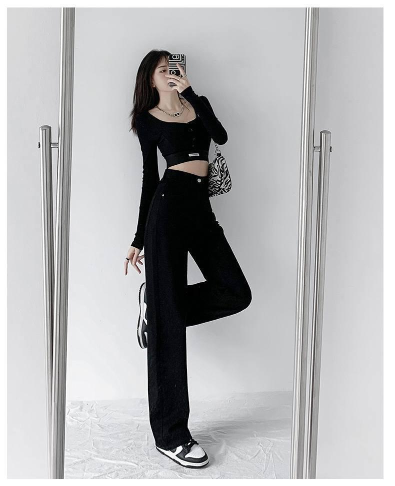 Damen Jeans mit hohem Bund, geradem Bein und weiter Passform, Frühling/Herbst 2022 - Schlankmachend, Vielseitig, Guter Fall, Bodenlang.