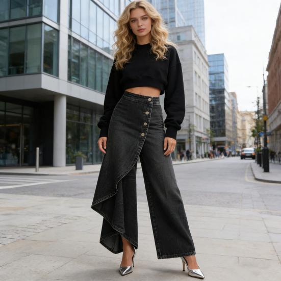 Dámské kalhoty s vysokým pasem, širokými nohavicemi, volného střihu, dlouhé, s jedním zapínáním, nepravidelným designem, ve stylu pro dojíždění, kalhoty pro kancelářskou dámu