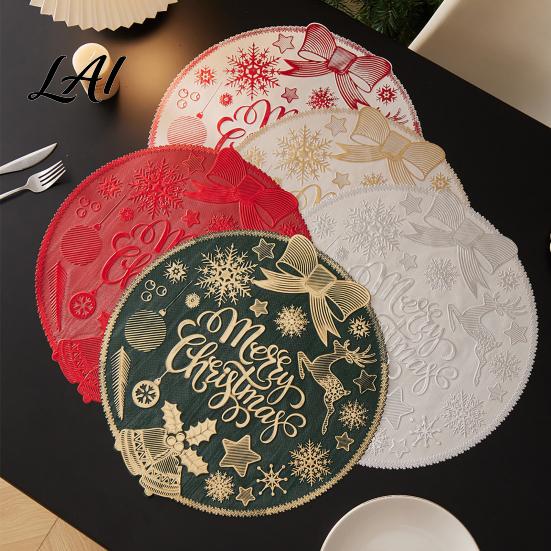 Holiday Dining Table Decor Round Christmas Placemat 15 Inch Waterproof Place Mat Heat Theme Resistant PVC Mat for Party Festive Setting Accessories