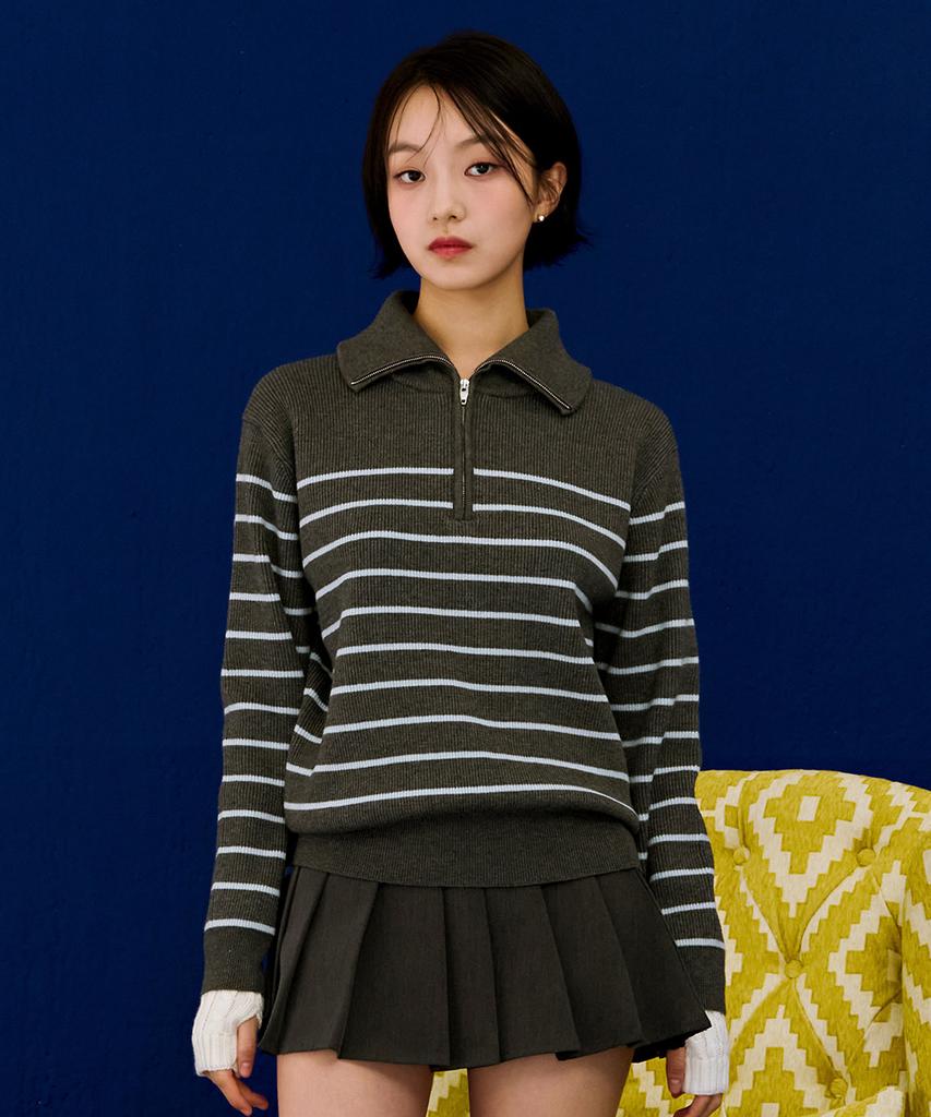CHASECULT Women'S Half-Zip Striped Sweater - Grey