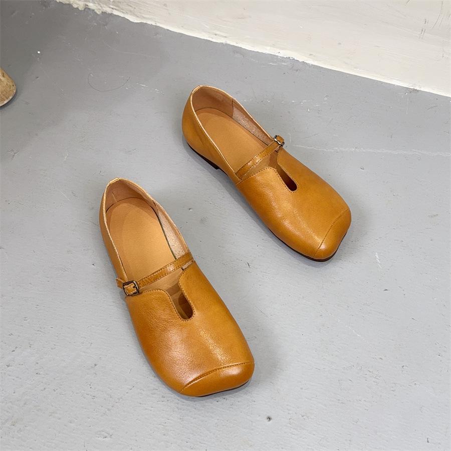Johnature Square Toe Belt Buckle Soft Soled Shoes Genuine Leather Commuting Shallow Women's Flat Shoes