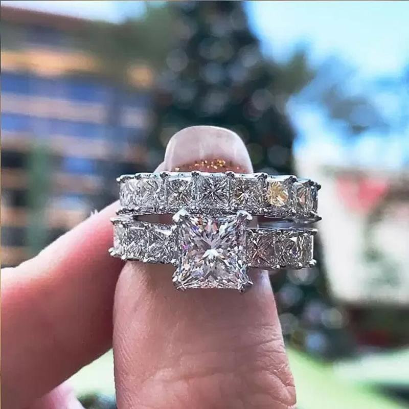 

Huitan Princess Cut Square CZ Promise Rings 2Pcs/Set for Women Fashion Luxury Wedding Accessories High-Quality Female Zircon 7