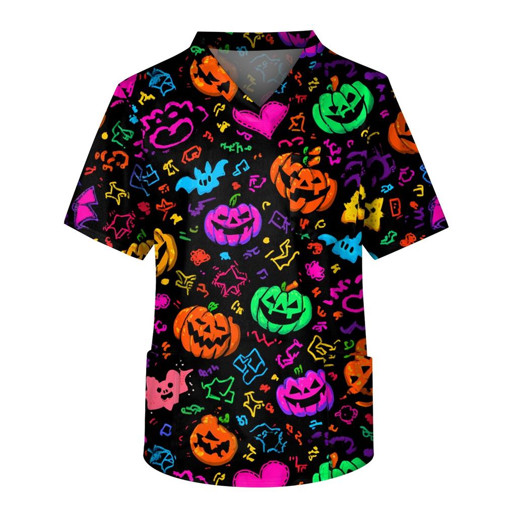 Top de îngrijire pentru bărbați cu mânecă scurtă, decolteu în V, imprimeu de Halloween, buzunar la piept