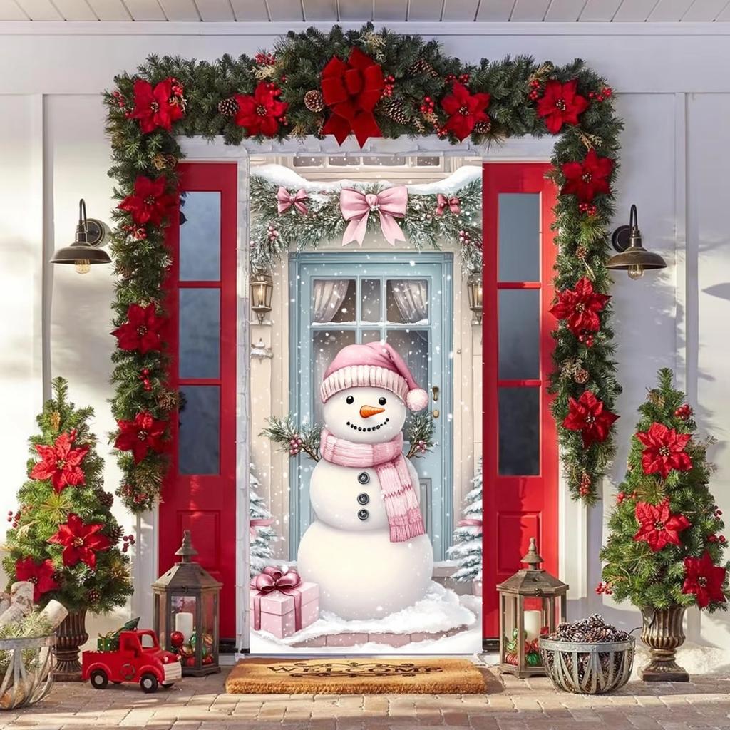 Pink Snowman Linings For Christmas Doors Xmas Door Cover Outdoor Garden Front Door Decoration New Year 2025 Xmas Party Supplies