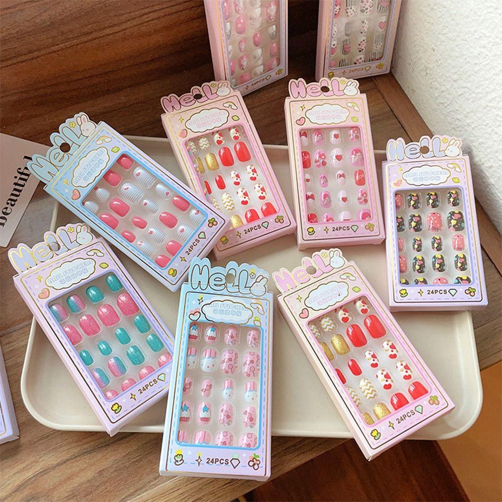 Cute Children Wearing Nails Cherry Love Heart Nail Tips Hot Long Nail Sticker for Girls Students