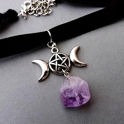Triple Moon Goddess Pendant Necklace With Purple Crystal, Women's Vintage Style Neck Jewelry