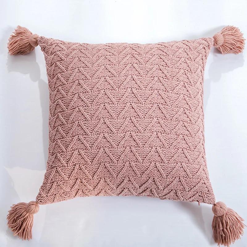 45x45cm Nordic Chenille Knitted Square Cushion Cover Yellow Pink Pillow Cover with Tassels Pillowcase Sofa Bed Chair Decorative