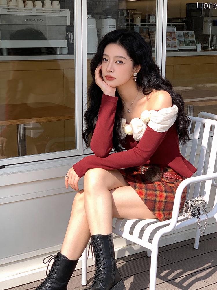 Fei Yuan Plaid Belted Red Skirt - Festive Autumn/Winter Style