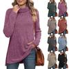 Solid Color High Neck Slit Ribbed Loose Long Sleeve T Shirt Top For Women