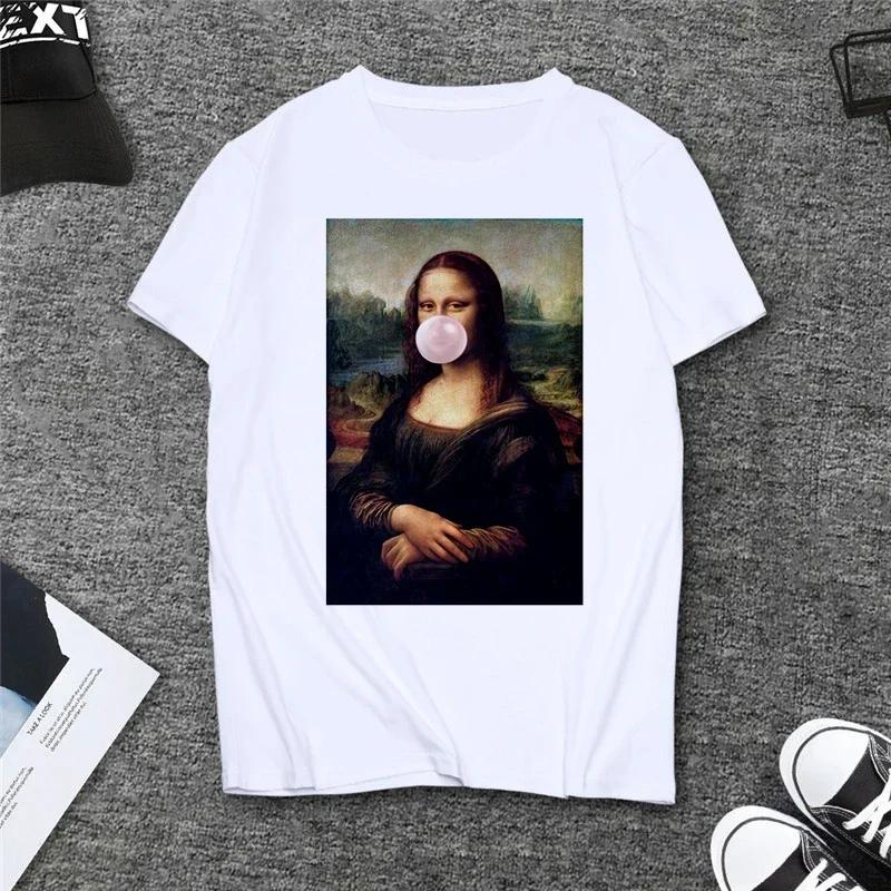Verão Paródia Mona Lisa Bebendo Cerveja Estampa Camisetas Mulheres Estética Engraçado Casual Mangas Curtas Tops Feminino Mangas Harajuku