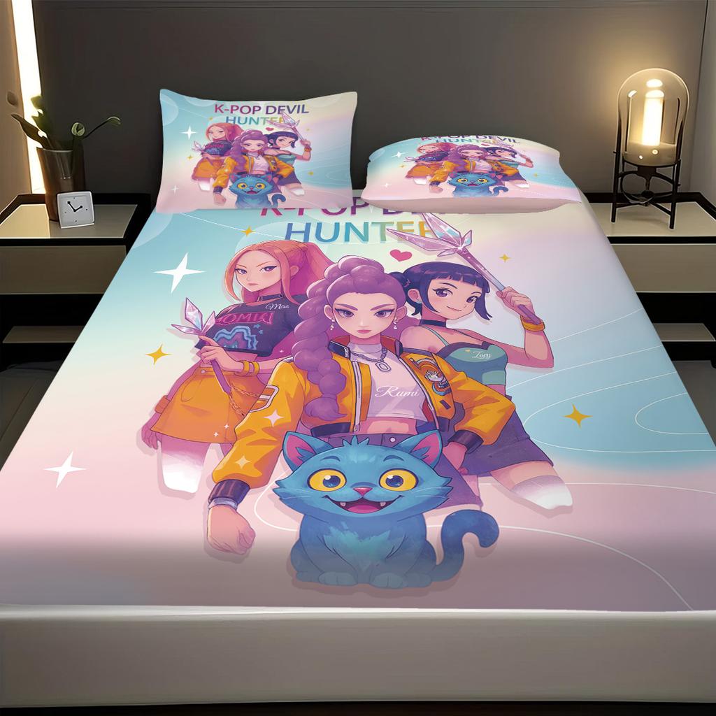 3pcs K-Pop Demon Hunters Printed Coreless Bed Sheet Set Multi Size Soft Bed Cover Bedroom Bedding Machine Washable