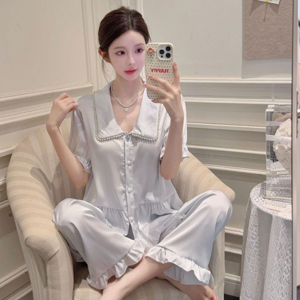 Summer new ice silk pajamas women's lotus leaf edge Korean version doll collar sweet wind thin loungewear suit can be worn outside