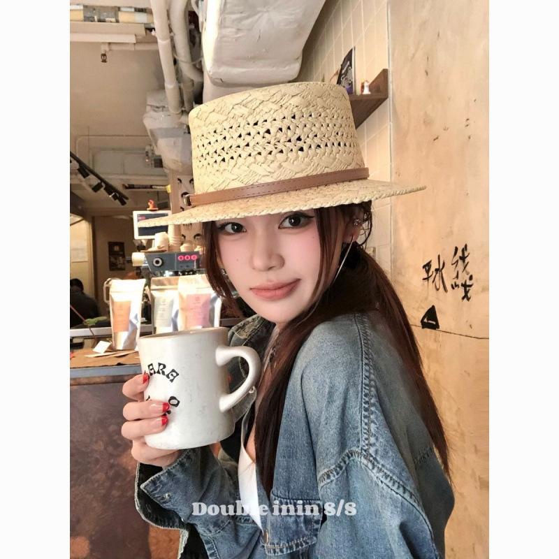 New British Style Retro Hollow Flat Top Straw Hat Female Summer Face Small Seaside Beach Vacation Sunscreen Hat Versatile