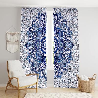 Beautiful Indian Bohemian Psychedelic Hippie Ombre Window Curtain Panels for Bedroom, Living, Balcony (Blue White Flower)