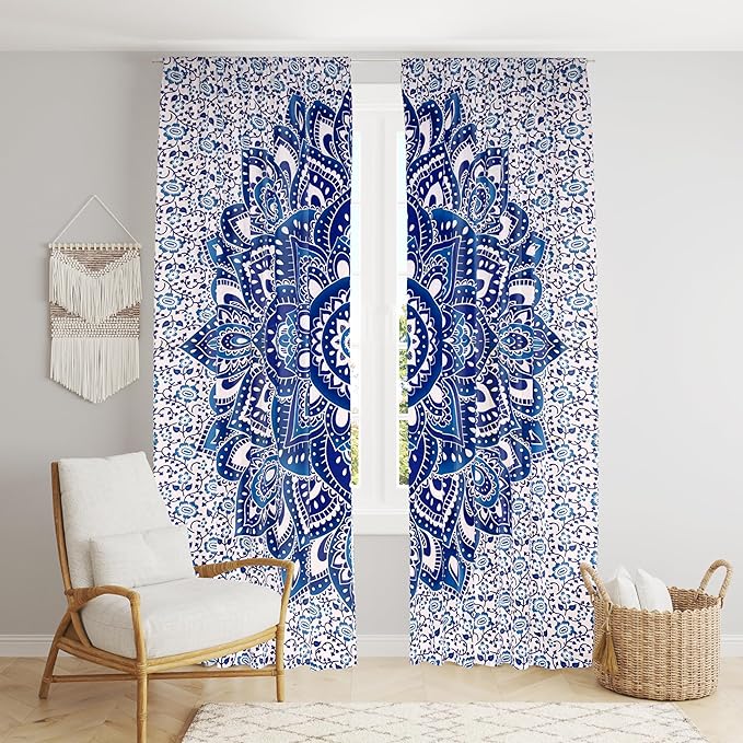 Bless International Beautiful Indian Bohemian Psychedelic Hippie Ombre Window Curtain Panels for Bedroom, Living, Balcony (Blue White Flower)