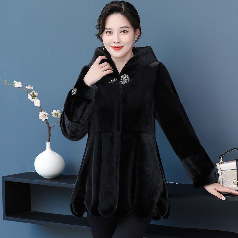 Autumn and winter new imitation mink velvet women's coat medium and long imitation fox fur coat hooded large size slim and thin