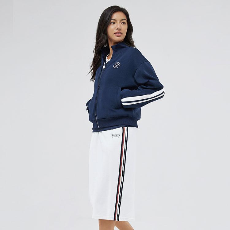 Skechers Retro Color Block Striped Warm Fashion Comfortable Stand Collar Zip Jacket Women Jackets Navy-Blue L324W021-002Z