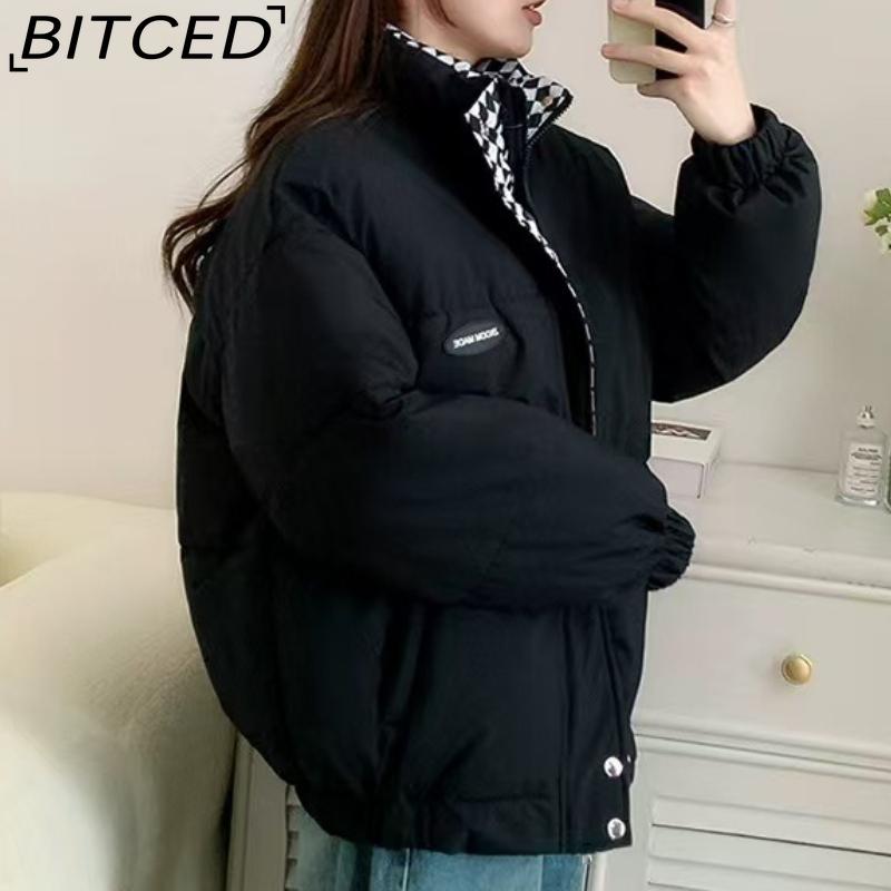 BITCED Stylish Niche Checkered Pattern Thickened Puffer Jacket for Women Mid-Length Winter Cotton Coat