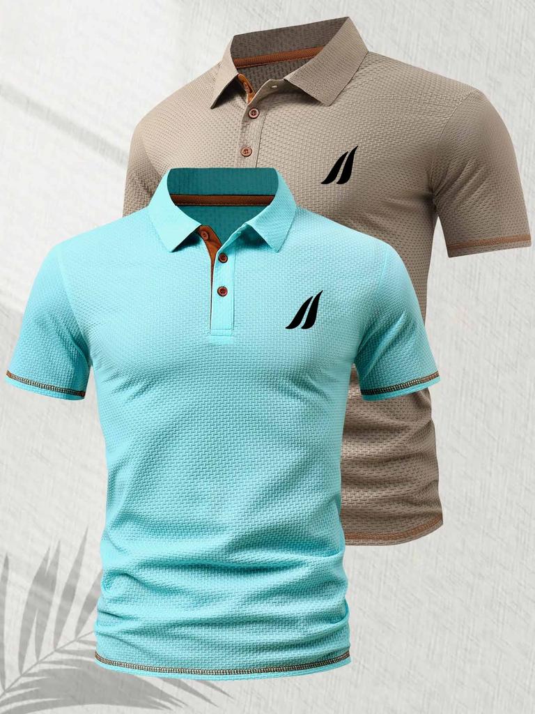 2 Pcs Men's Polo Shirts - Short Sleeve Casual Polo T Shirt Color Block & Stand Collar Slim Fit Golf Shirts