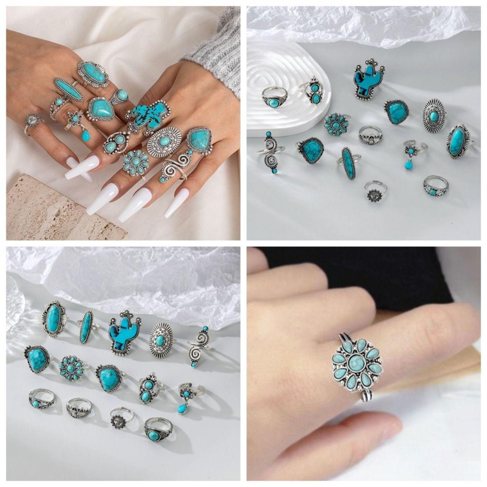 14 Pcs/set Ethnic Style Turquoise Rings Cactus Open Ring Creative Bohemia Style Ring  Jewelry