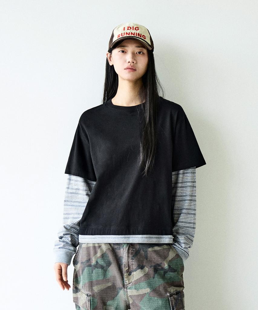 Peullukeu Crop Striped Layered T-Shirt Black Flt133
