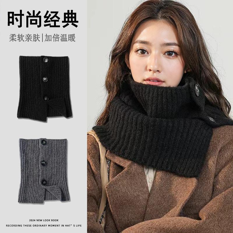 Korean Retro Warm Knitted Wool Button Neck Warmer for Women, Fashionable Versatile Split Neck Wrap, Cold-proof Neck Protector Shawl