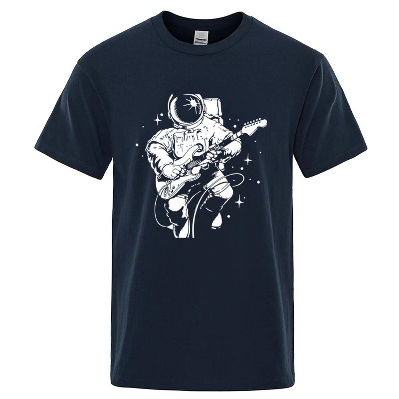 

Summer Mens Tshirt High Quality 100 Cotton Funny Astronaut Playing Guitar Print Casual Loose Cool Men Oneck Tshirt Tee Tops 4XL