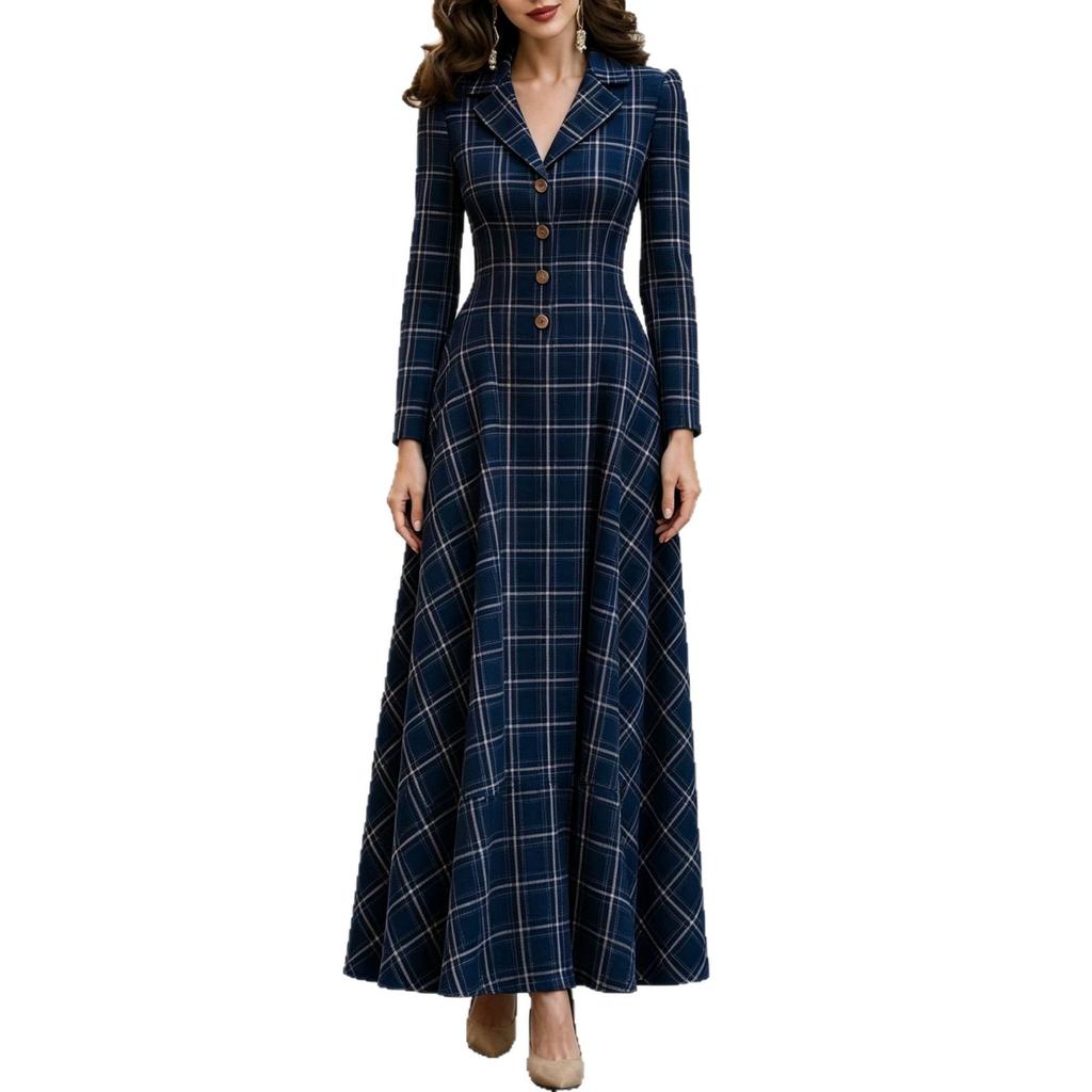 Spring and Autumn Temperament Elegant French Commuter Plaid Breasted Suit Dress Women's Long Dress