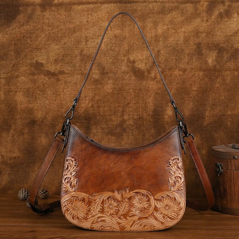 Johnature Retro Embossed Shoulder Bags Genuine Leather Women's Bag Versatile Cowhide Handmade Handbag