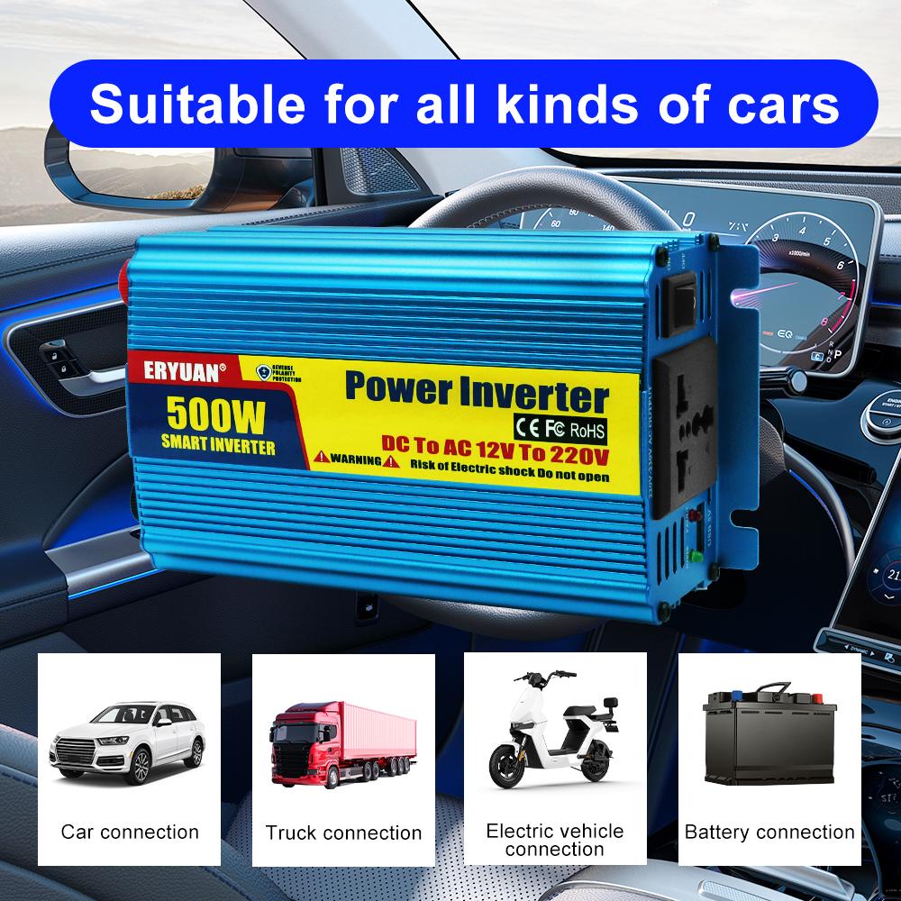 Car Power Inverter 500W Auto Power Supply Inverter Conversion USB Battery Clip DC 12V To AC 220V Battery Converter Cigarette lighter interface