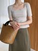 LUXI 2024 Summer Women's Short Sleeve Square Neck Slim Fit T-shirt - Solid Color, High Waist, Exposed Collarbone Style