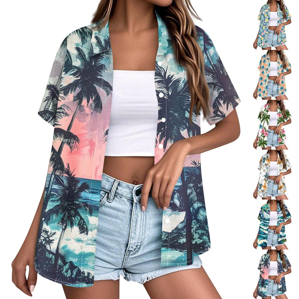 Women’s Fashion Casual Hawaiian Print Short Sleeve Button Down Collared Shirt Top with Relaxed Fit for Everyday Wear