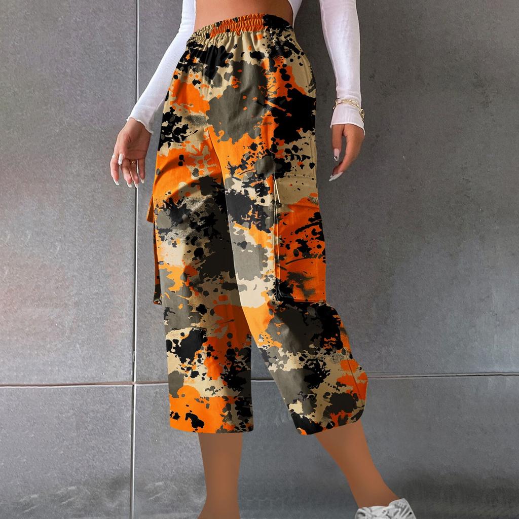 Ladies' Casual Work Pants With Elastic Waistband And Camouflage Printed Cropped Pants