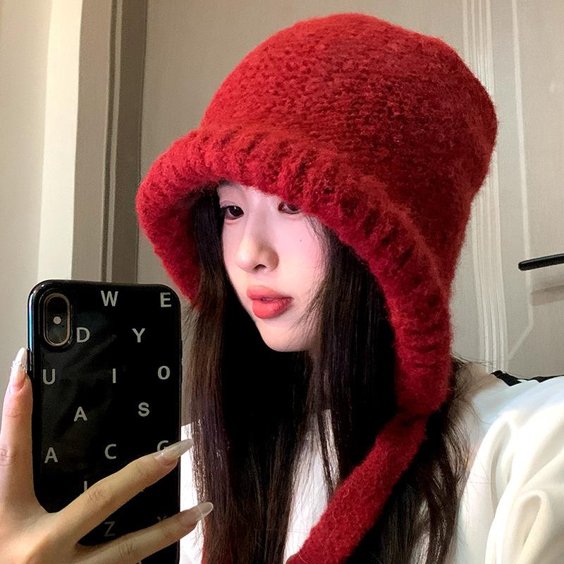 Wool hat women's big head circumference winter cold protection and warm ear protection knitted cold hat high-end blue pullover bag hat