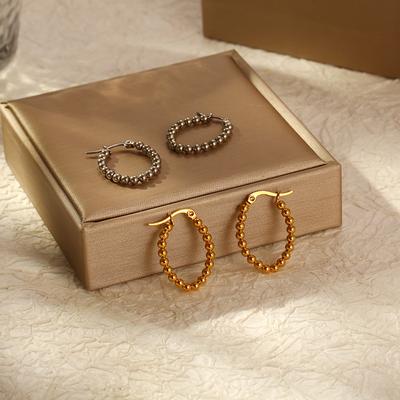 Simple Niche Personality Fashion Commuting Retro Steel Ball Splicing Design Temperament Versatile Titanium Steel Gold-plated Oval Earrings