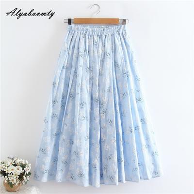 Japanisches Mori-Mädchen, Frühling, Sommer, Damen, blauer Blumenrock, hohe Taille, Print, eleganter Rock aus Baumwolle und Leinen, femininer A-Linien-Rock
