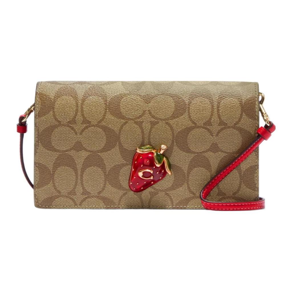 Coach Tan Signature Canvas Flap Crossbody Bag with 3D Strawberry Charm & Red Leather Trim for Daily Use CH547-IMVGQ