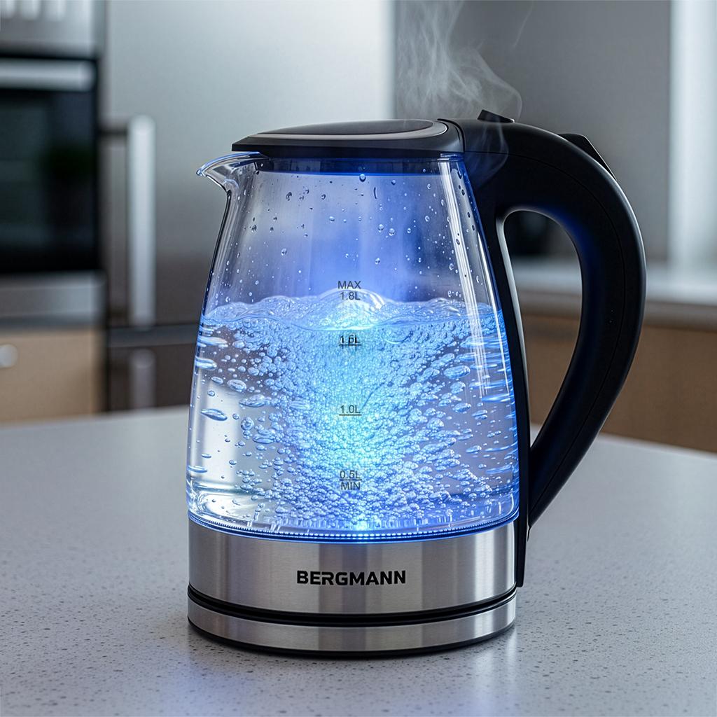 Czajnik Elektryczny Szklany Bergmann Zh003 1,8L 2200W Podstawa Inox Pokrywa Na Przycisk N