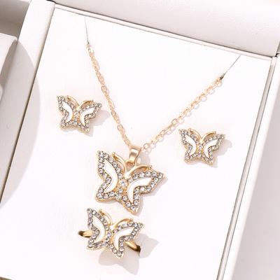 4-piece Set Of Women Fashionable And Simple Diamond Inlaid Butterfly Necklace Ring And Earring Set Highend And Versatile Zircon