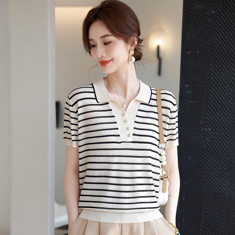 Mom's Summer Striped Short-Sleeve Ice Silk Knit Top