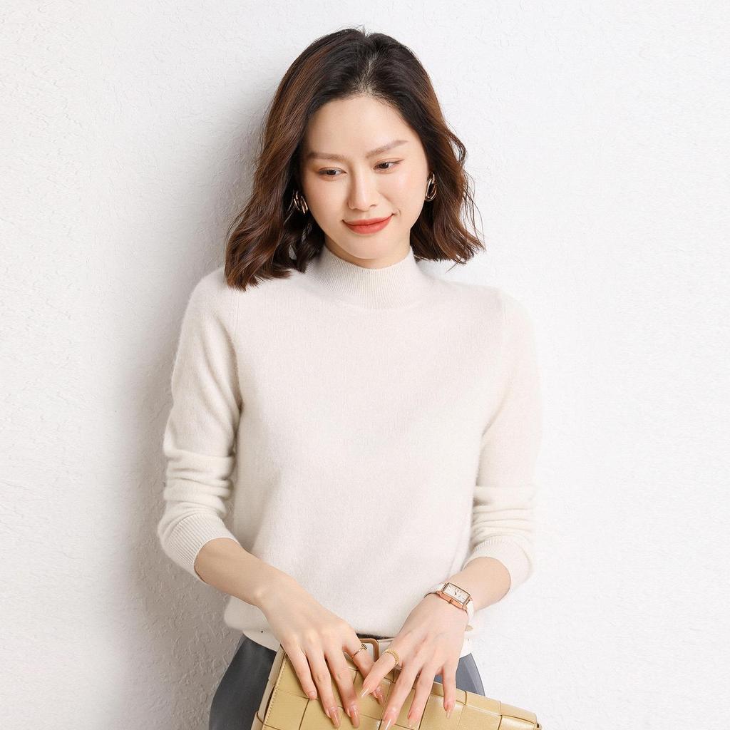 Women's Cashmere Knit Sweater: Half-High Neck, Loose Fit, Long Sleeve, Versatile Base Layer for Autumn & Winter