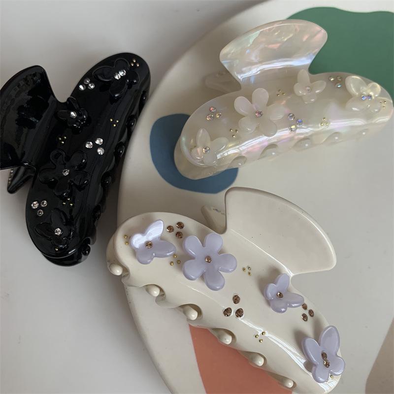 Korean-Style Acetate Butterfly Hair Clip with Floral and Diamond Accents