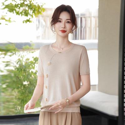 Mother's Summer Ice Silk Knit Top 2026: Short-Sleeve T-Shirt for Middle-Aged & Elderly Women, Mother-in-law's Cardigan Style